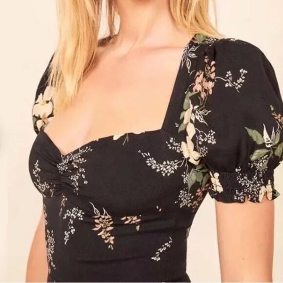 Reformation Lacey Floral Midi Black Floral Slit Dress - Picture 4 of 8